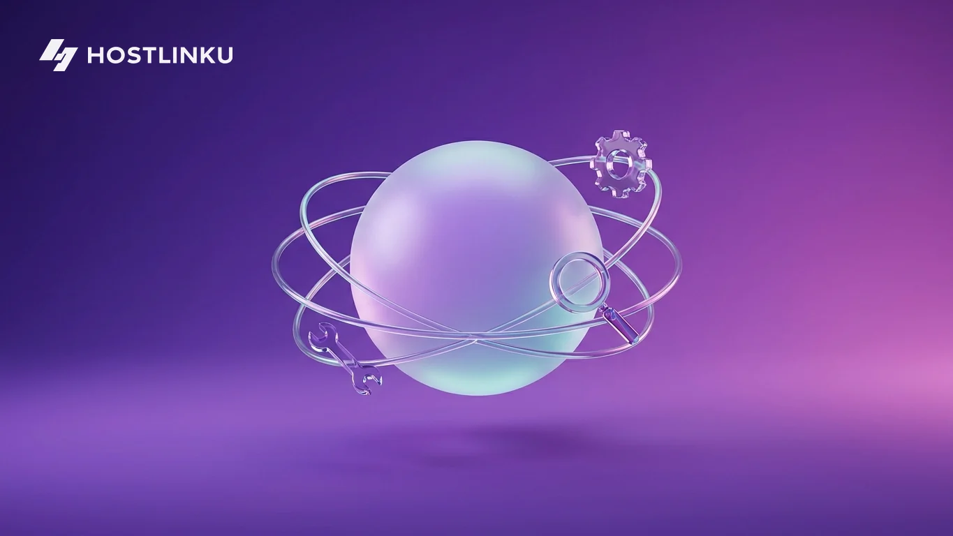 Ilustrasi 3D bola kaca bercahaya dikelilingi perkakas kaca kecil yang mengorbit