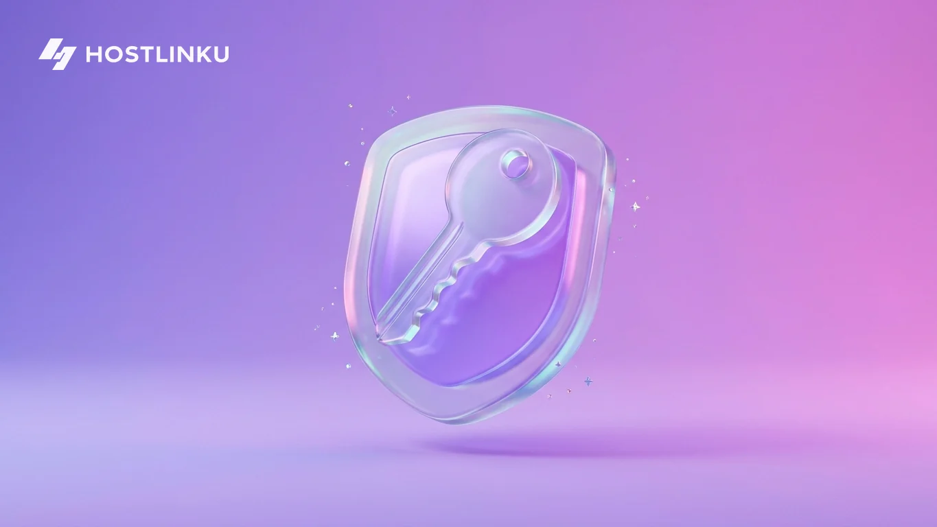 Ilustrasi 3D kunci kaca mengilap di atas perisai kaca bercahaya ungu