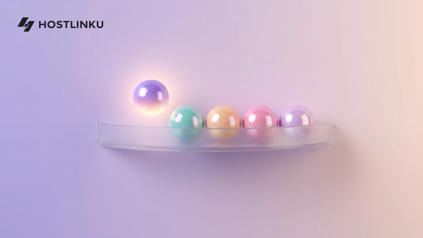 Ilustrasi 3D rak kaca melengkung berisi lima bola warna pastel, satu terangkat bercahaya