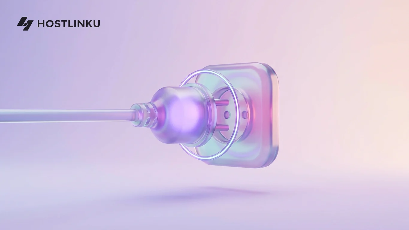 Ilustrasi 3D steker kaca dengan inti ungu bercahaya yang masuk ke stopkontak kaca bulat