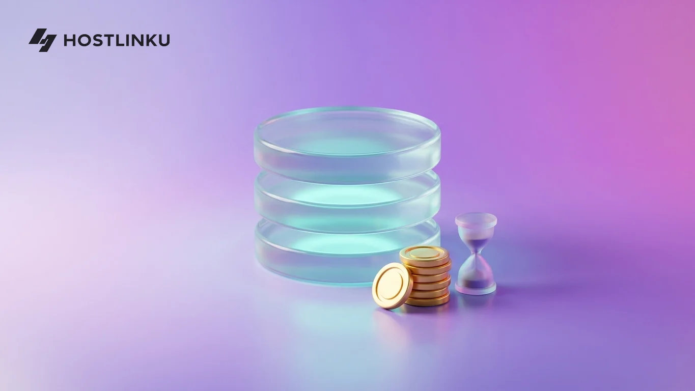 Ilustrasi 3D lapisan kaca bertumpuk bercahaya teal dengan koin emas dan jam pasir kecil